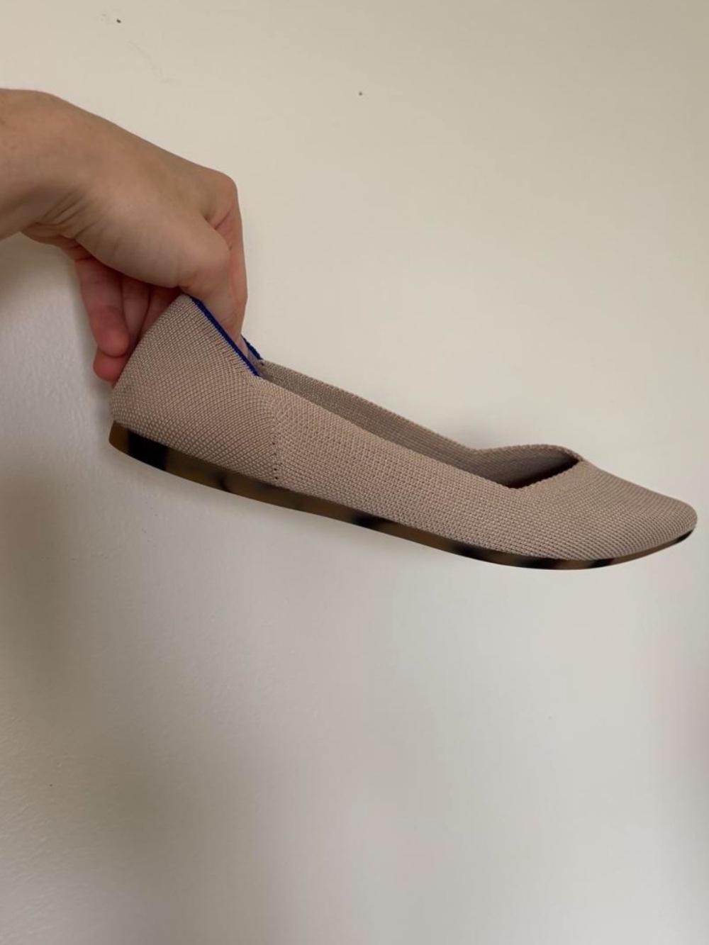 Rothy's Pointed Knit Flats in Taupe with Blue Trim - Picture 3 of 5